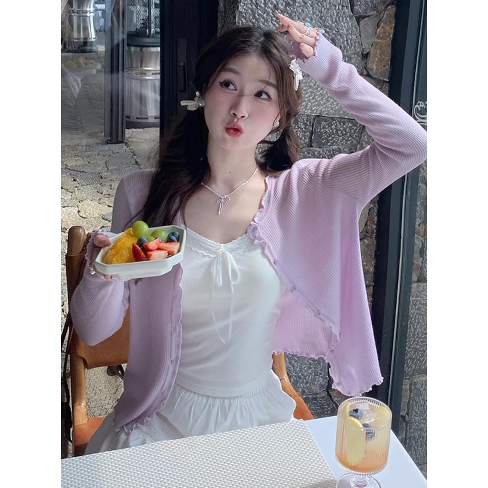紫色针织开衫外套女2025新款夏季薄款防晒衣外搭配吊带裙空调罩衫