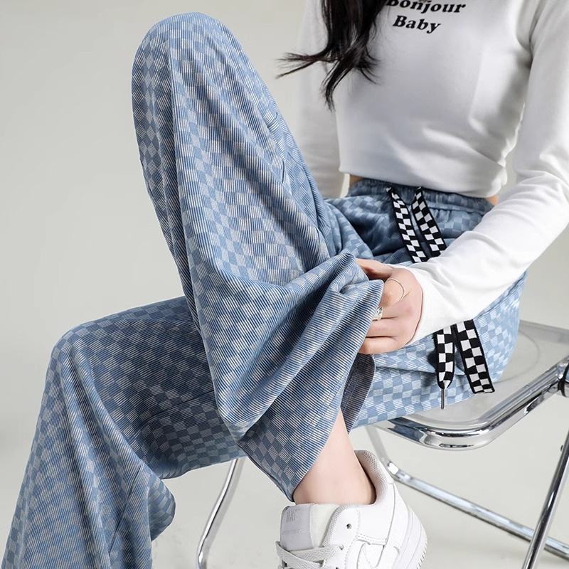 窄版阔腿裤女小个子夏季2024新款棋盘格冰丝高腰垂感直筒休闲裤子