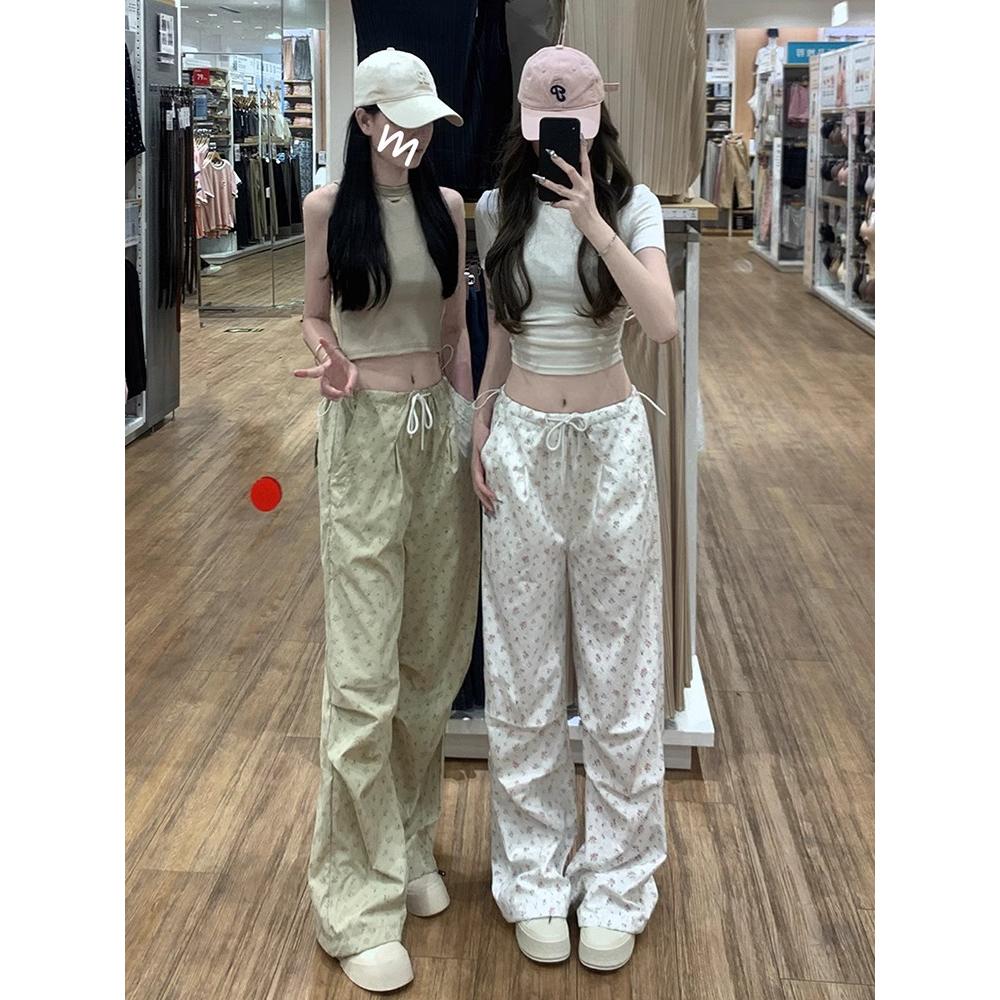 碎花工装裤女夏季薄款2025新款高腰宽松休闲阔腿裤美式白色运动裤