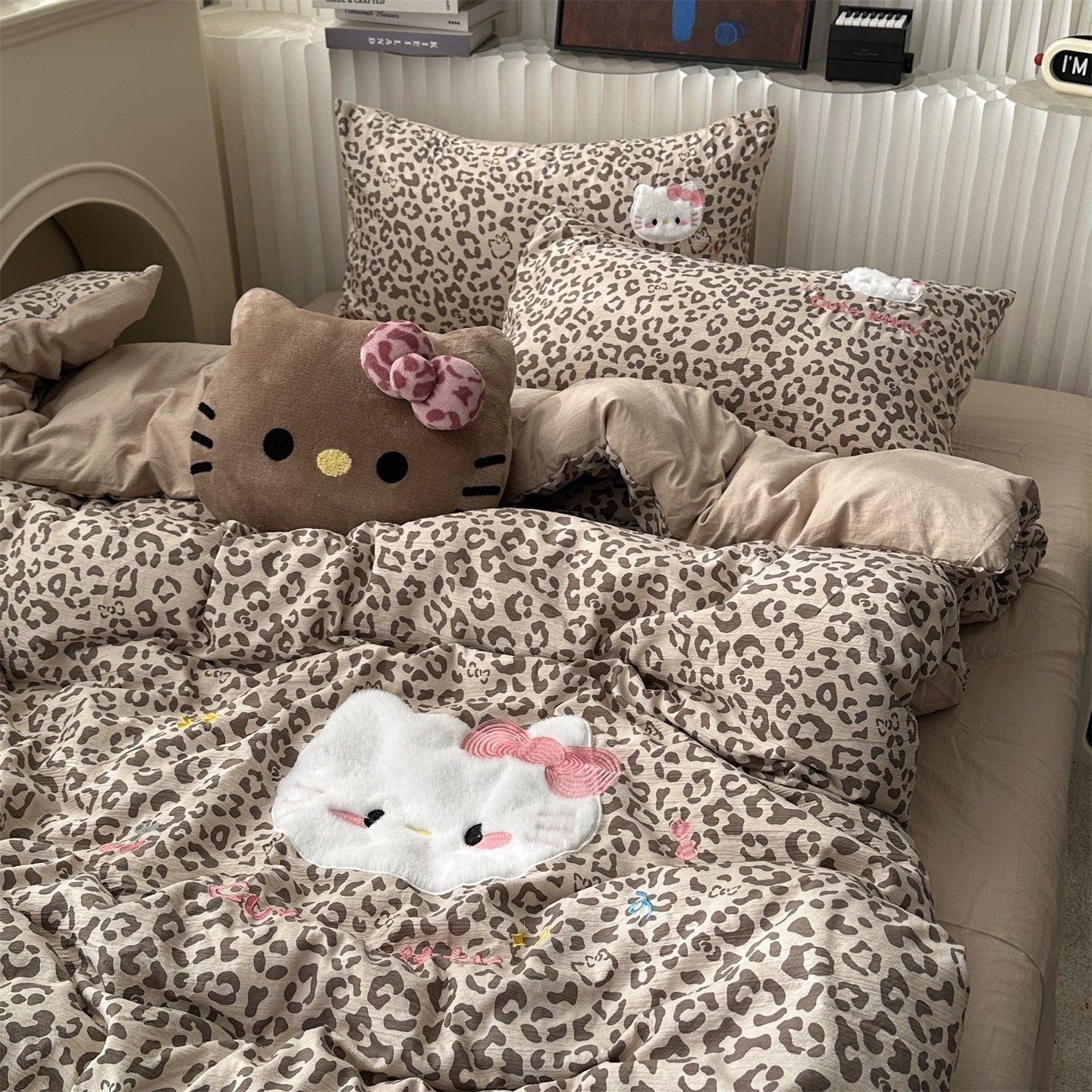 日本立体兔毛绒贴布绣豹纹猫咪水洗棉四件套床单学生三件套床笠,床上用品,床品套件/四件套/多件套,淘宝优惠券,粉丝福利购,淘宝优惠卷