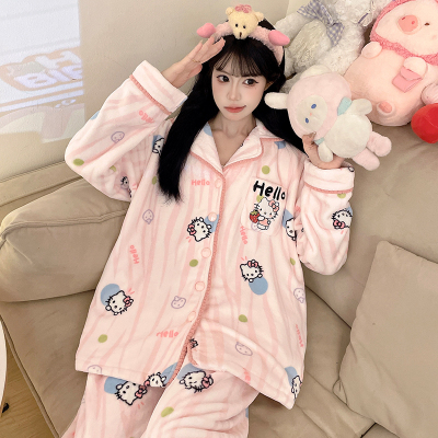 山吉凯蒂猫法兰绒睡衣女秋冬