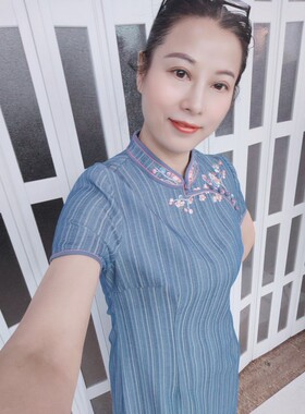 8563-2蓝色竖条绣花显瘦古典小包袖连衣裙复古裙子单层长旗袍裙