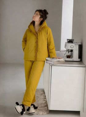 黄色连帽开衫三层加厚保暖夹棉袄睡衣女士秋冬季新款可外穿家居服