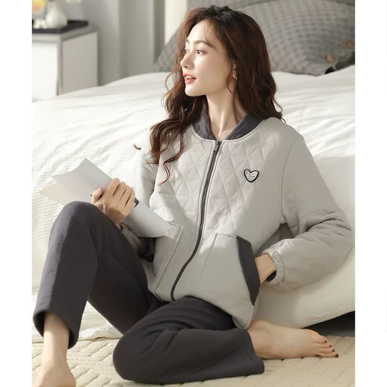 夹棉长袖睡衣女秋冬季新款空气棉加厚保暖家居服可外穿冬款套装