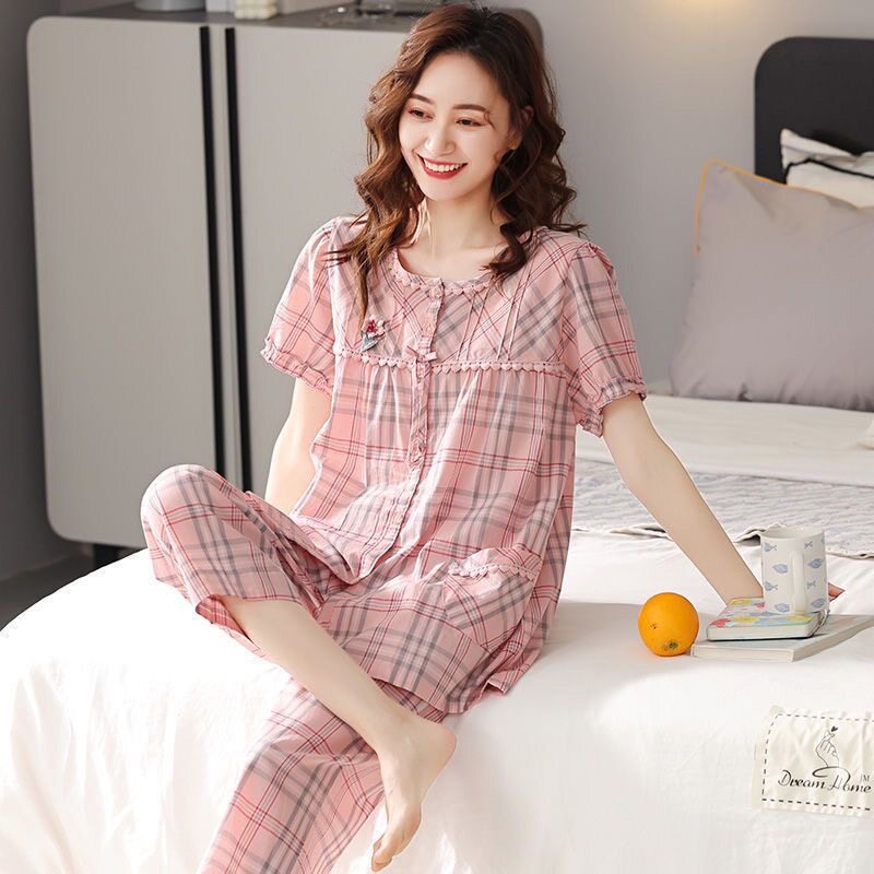 100%纯棉睡衣女士夏天薄款宽松格子青年休闲开衫全棉家居服套装春