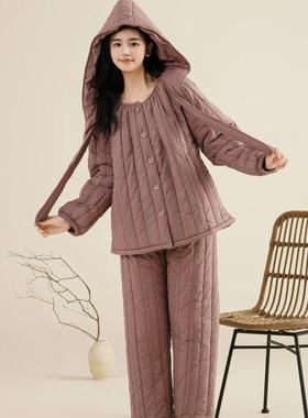 保暖长袖开衫紫色绣花睡衣女冬季新款三层加厚夹棉袄家居服