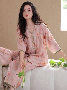 甜美少女风碎花纯棉七分袖九分裤睡衣女士夏天薄款休闲家居服套装