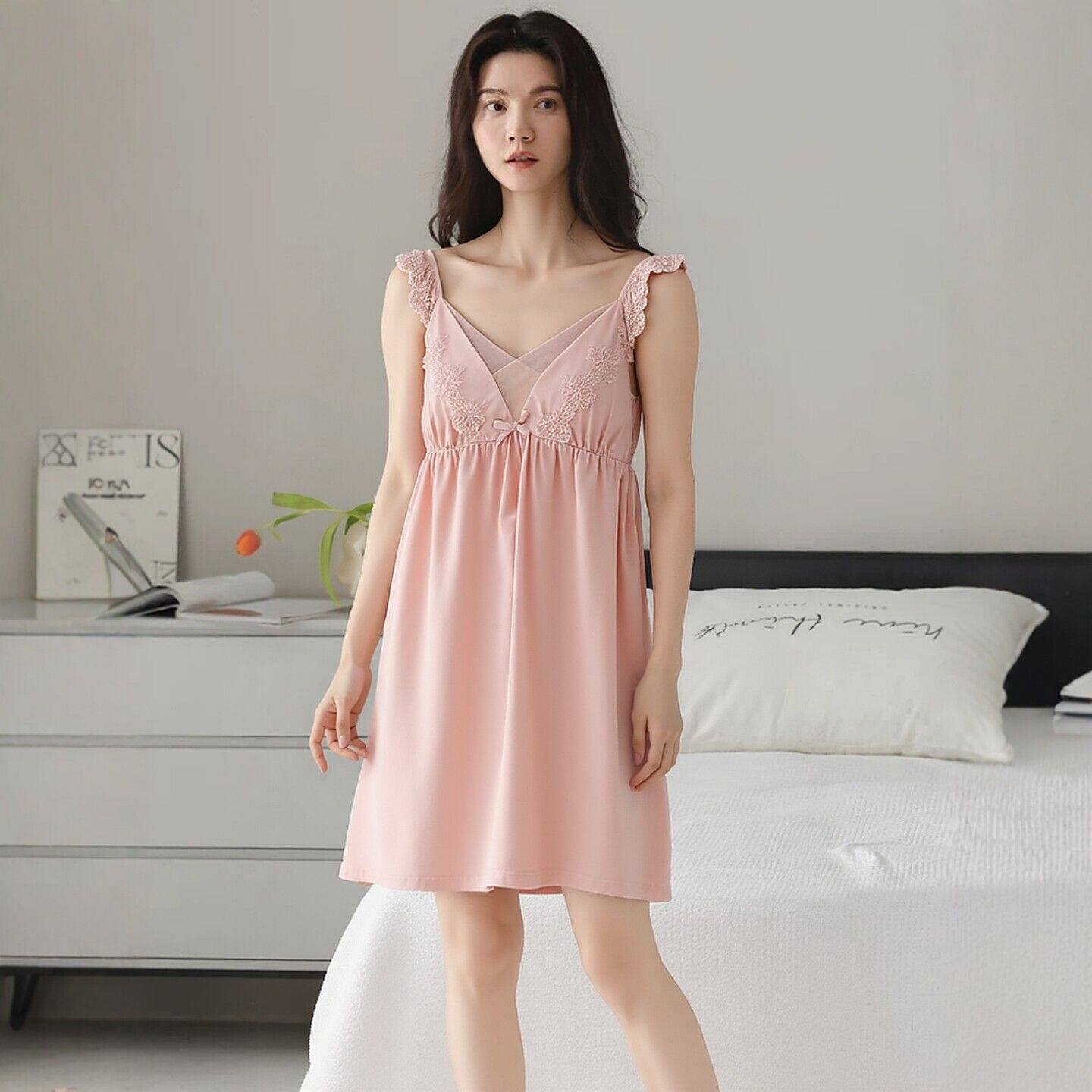 粉色纯欲少女风薄款带胸垫纯棉睡裙女士新款吊带无袖背心裙可外穿