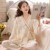 套装 ins风甜美宽松长袖 家居服 新款 高档纯棉日系和服睡衣女春秋款