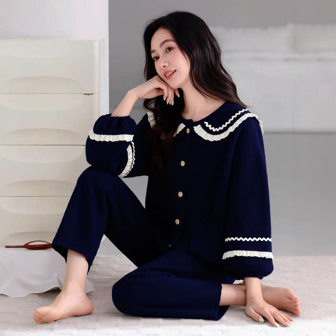 睡衣女士秋冬娃娃领蓝色开衫法兰绒加绒加厚家居服保暖套装可外穿