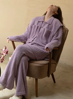 秋冬新款三件套睡衣女半边绒紫色加厚加绒珊瑚绒可外穿软绵绵套装