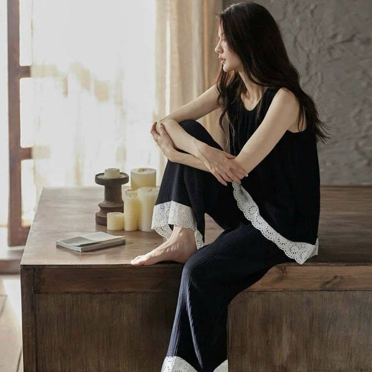 带胸垫薄款女士夏季新款纯棉纱蕾丝花边高级感无袖背心长裤家居服,女士内衣/男士内衣/家居服,睡衣/家居服套装,淘宝优惠券,粉丝福利购,淘宝优惠卷