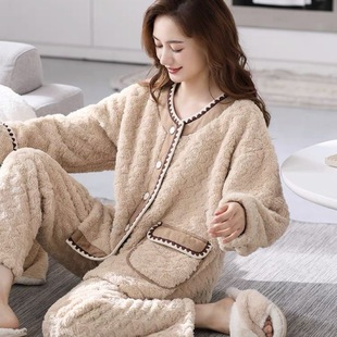 甜美法兰绒家居服套装 睡衣女秋冬款 大码 珊瑚绒加厚加绒女款 冬 冬季