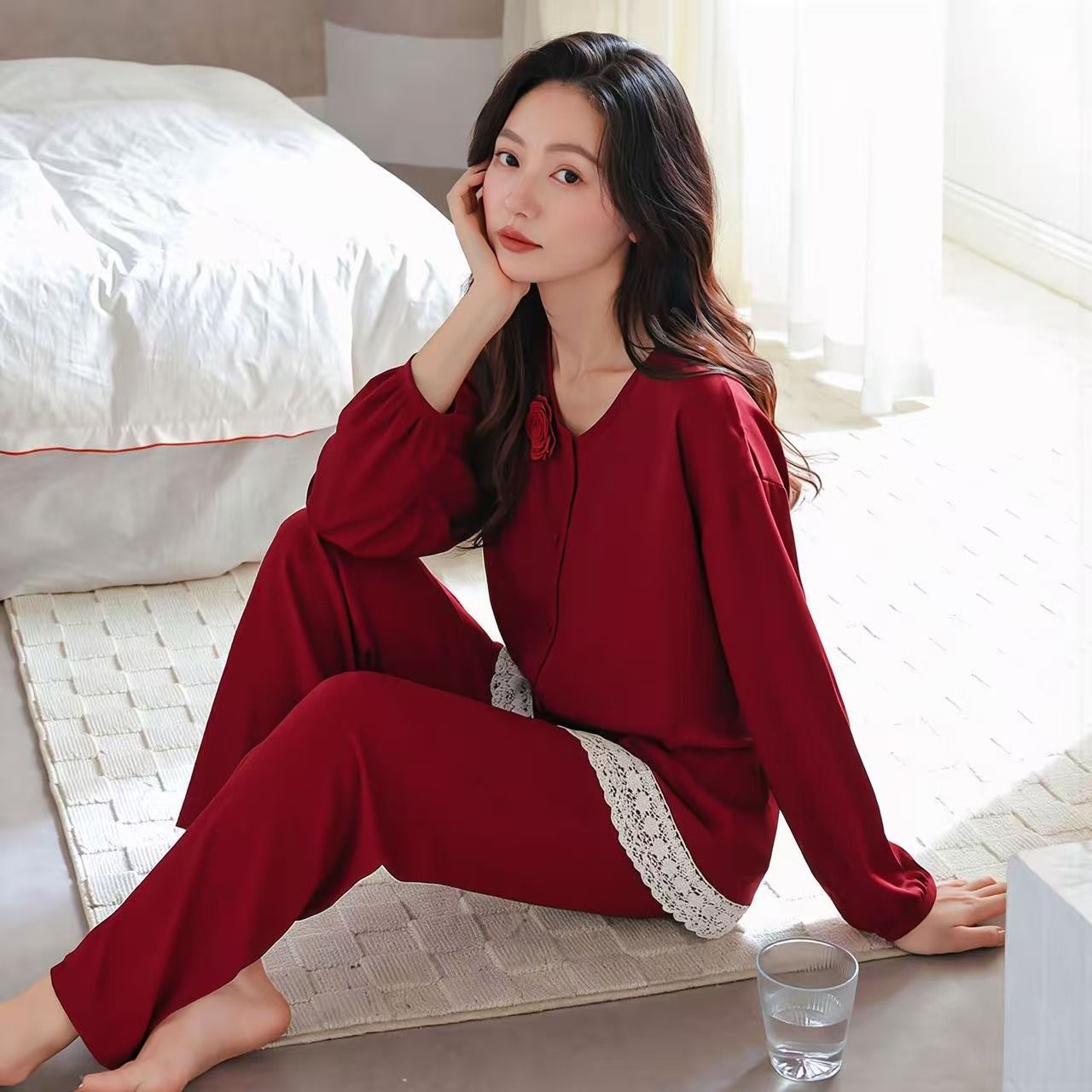 新款本命年大红色纯棉长袖睡衣女士喜庆结婚新婚花边家居服可外穿