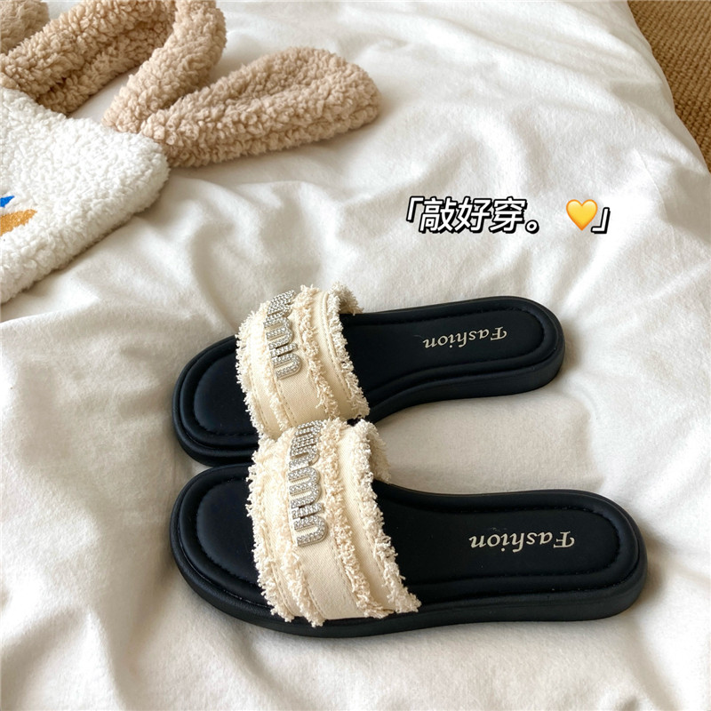 水钻老钱风~！温柔慵懒法式平底懒人ins拖鞋女夏季透气度假凉拖鞋,女鞋,一字拖,淘宝优惠券,粉丝福利购,淘宝优惠卷