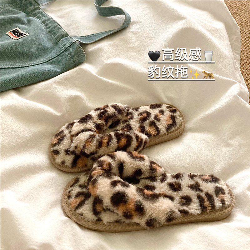 奶油豹纹~！小众慵懒加绒毛毛拖鞋女ins冬季保暖防滑室内外穿棉拖