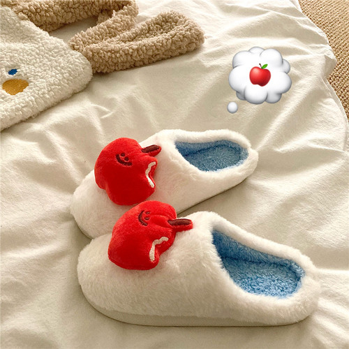 苹果咬一口~！软绵绵小众可爱ins居家棉拖鞋女冬季保暖室内毛毛鞋