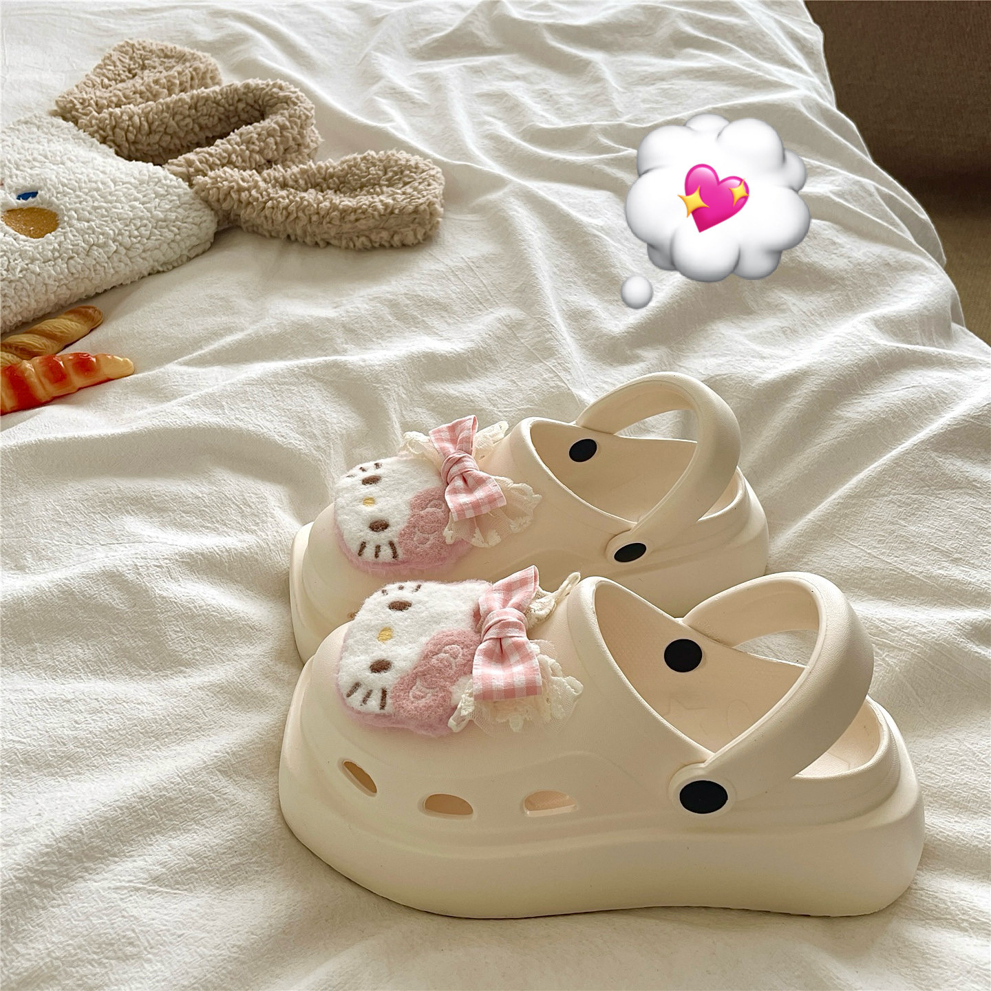 甜饼KT猫~！软萌ins可爱透气洞洞鞋女夏季厚底防滑包头增高凉拖鞋