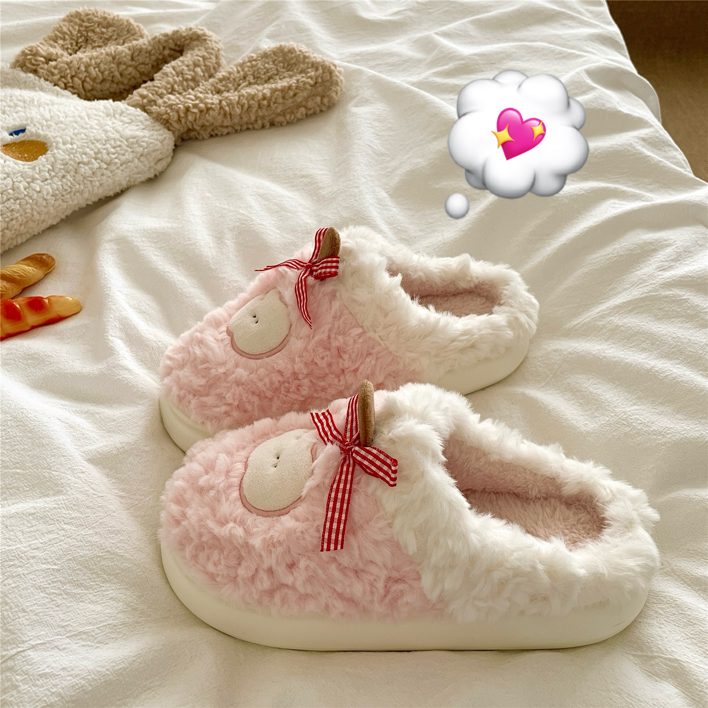 苹果百利甜~！蝴蝶结ins可爱棉拖鞋女居家保暖加绒冬季毛毛拖鞋潮