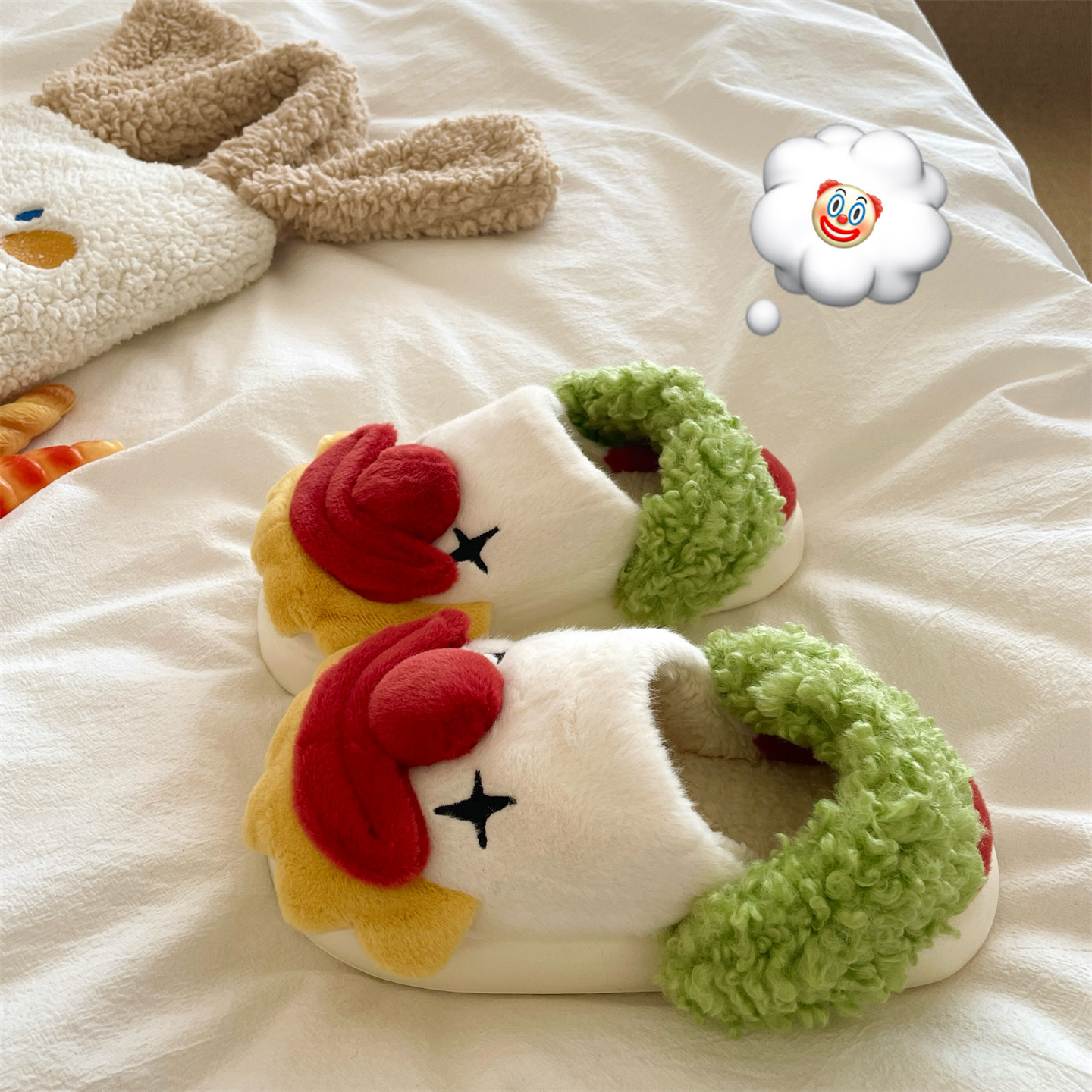 两穿设计~！圣诞小丑毛毛棉拖鞋女居家保暖厚底加绒冬季防滑棉鞋