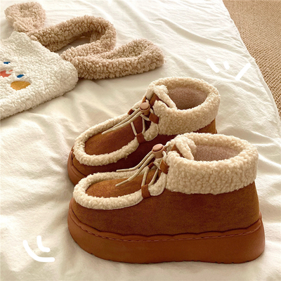 厚厚安全感~！栗子棕加绒保暖雪地靴女厚底防滑INS包跟毛毛棉拖鞋
