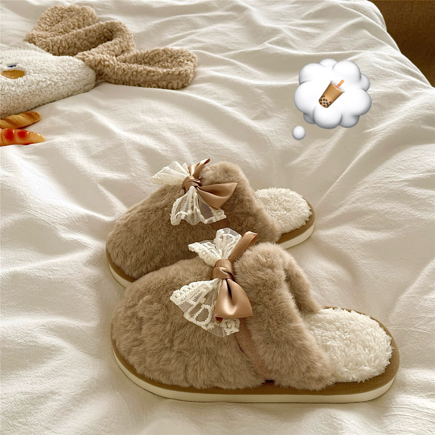 鎏金蝴蝶结~！精致轻奢感ins保暖棉拖鞋女居家厚底加绒毛毛拖鞋潮