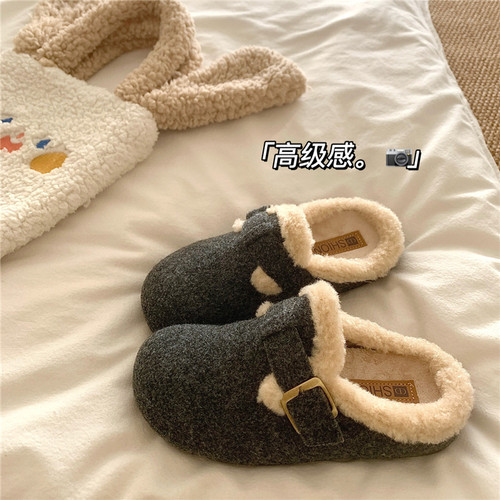 混色花灰~！洋气自留毛呢勃肯棉拖鞋加绒外穿厚底冬季ins毛毛拖鞋