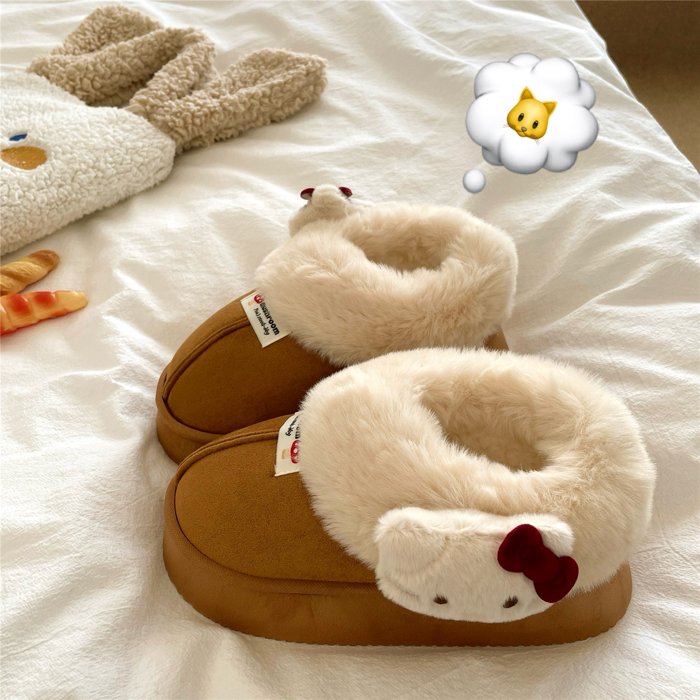 蘑菇KT猫~！巨可爱保暖包跟棉拖鞋女冬季厚底雪地靴厚底加绒棉鞋