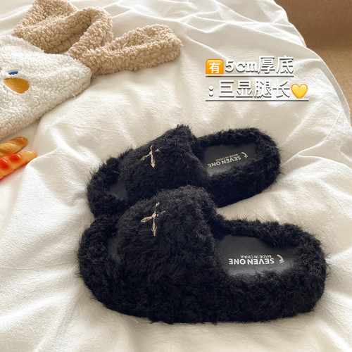 5cm显高显瘦~！暖呼呼加绒外穿保暖棉拖鞋女冬季厚底防滑棉拖鞋潮