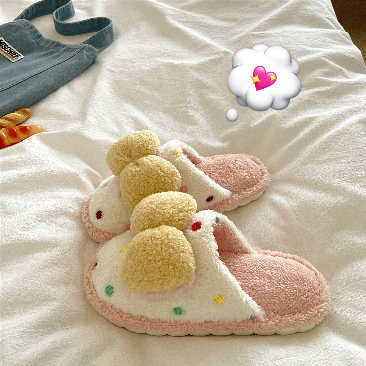 波点蝴蝶结~！甜美ins可爱软萌棉拖鞋女冬季保暖居家加绒毛毛拖鞋