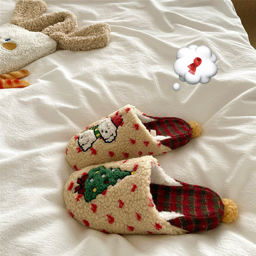 圣诞树小狗~！卡通可爱ins加厚加绒棉拖鞋女居家保暖加绒毛毛拖鞋