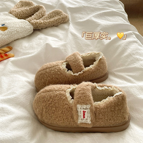 林中小鹿~！蕾丝ins甜美包跟棉鞋女冬季厚底加绒保暖毛毛棉拖鞋潮