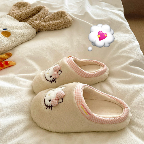 粉噗噗kt猫~！可爱软萌ins居家毛毛拖鞋女厚底保暖加绒冬季棉拖鞋