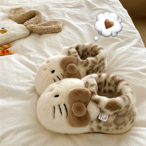 奶咖豹纹KT猫~！巨厚ins可爱保暖包跟棉拖鞋女厚底外穿防滑雪地靴
