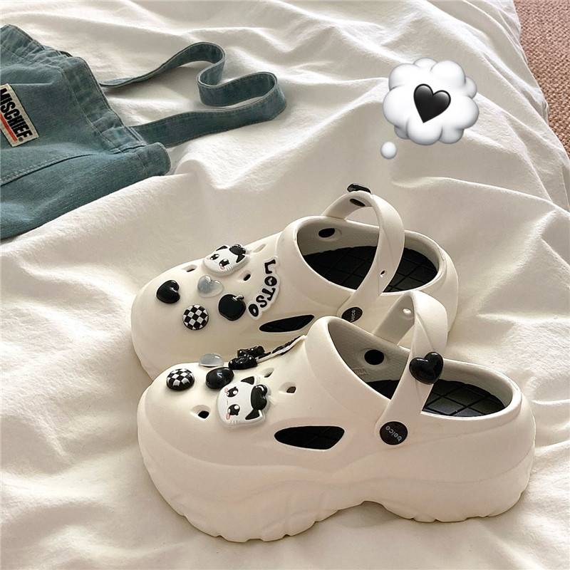 甜酷小猫~！暗黑卡通小众厚底洞洞鞋女外穿夏季增高透气包头凉鞋