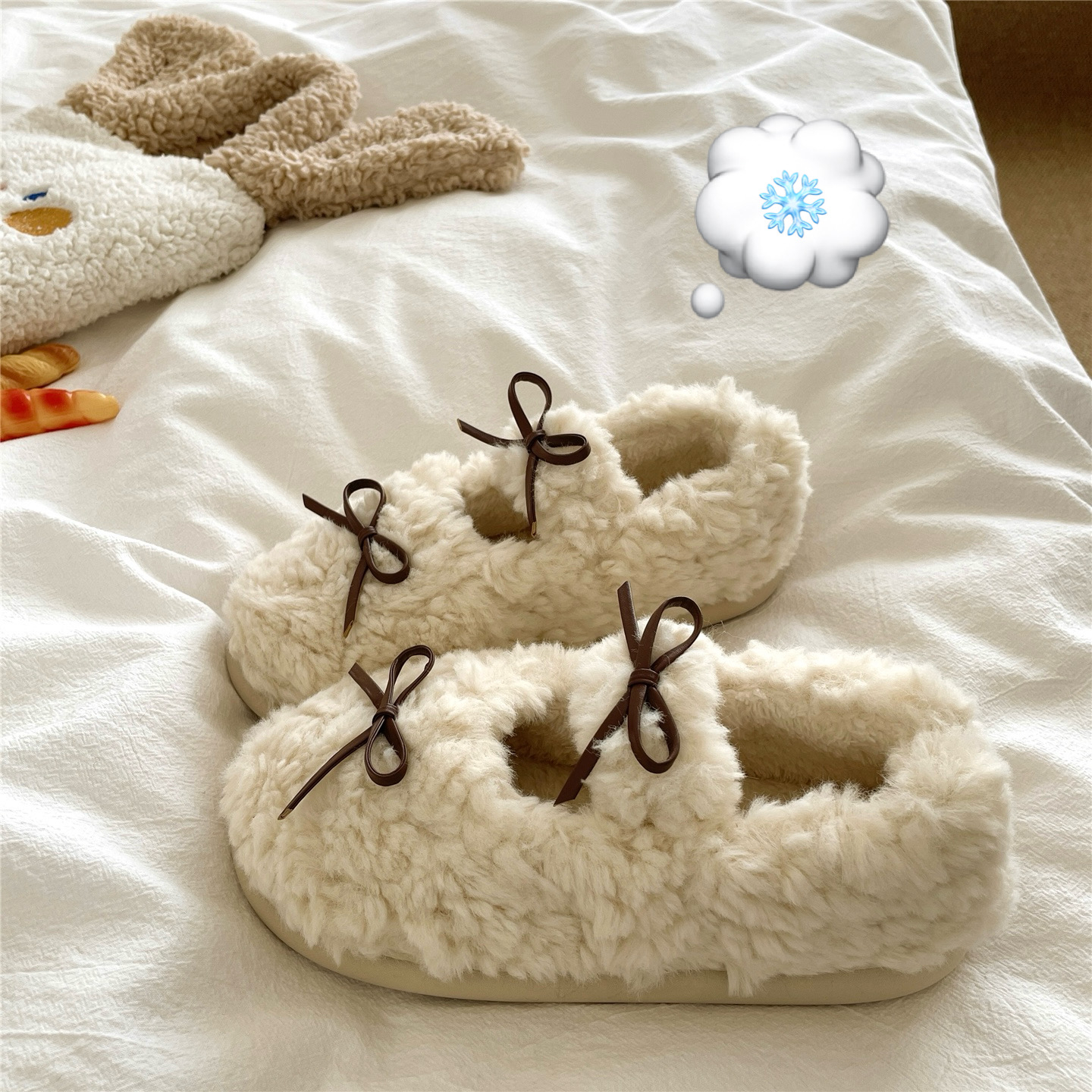 芭蕾甜心~！蝴蝶结ins包跟毛毛棉鞋女厚底外穿加绒保暖防滑棉拖鞋