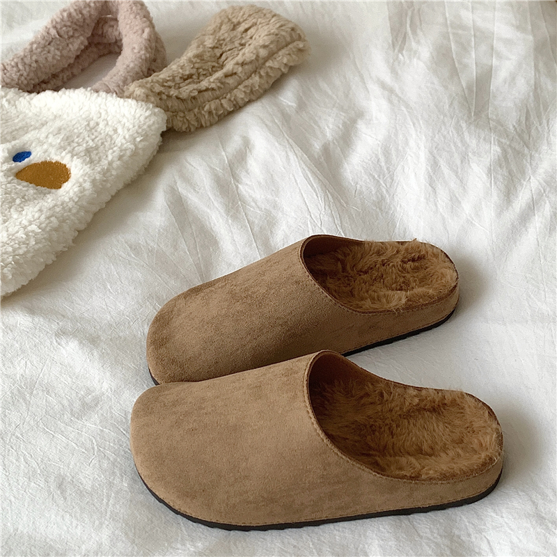 慵懒温暖感~！懒人包头加绒勃肯半拖鞋女外穿保暖冬季毛毛棉拖鞋
