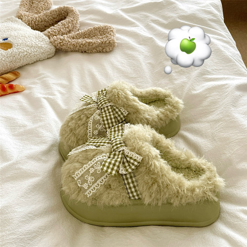 青苹果气泡~！显白ins甜美蕾丝棉拖鞋女居家保暖冬季防滑毛毛拖鞋