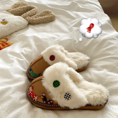 圣诞腊肠狗~！diy可爱冬季毛毛拖鞋女加绒保暖外穿厚底包头棉拖鞋
