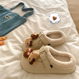 厚底毛毛拖鞋 女包头保暖加绒冬季 防水eva可爱棉拖鞋 黑皮奶油kt