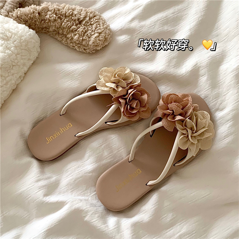 莫奈花园~！温柔仙女风法式外穿拖鞋女夏季沙滩度假海边一字凉拖