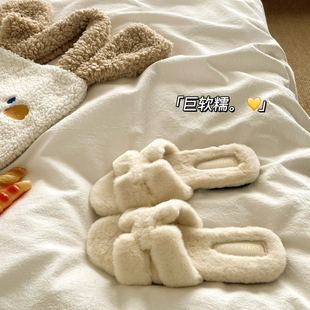 防滑加绒毛毛拖鞋 软糯轻奢感 厚实毛茸茸外穿一字棉拖女ins冬季