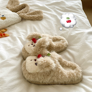 女居家保暖加绒厚底毛毛拖鞋 樱桃小狗 奶呼呼ins可爱软萌棉拖鞋