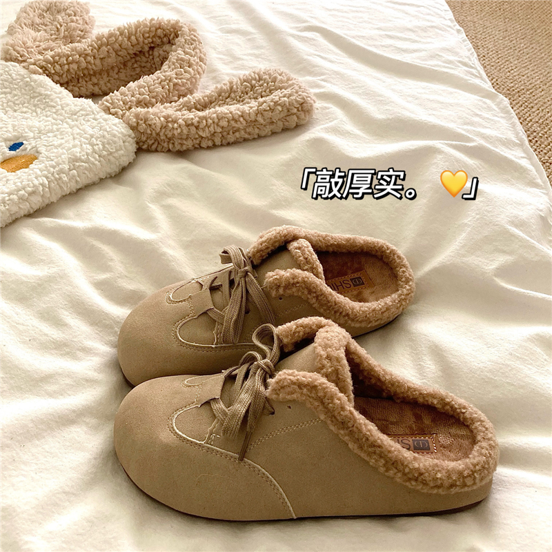 慵懒显脚小~！暖fufu外穿勃肯懒人半拖鞋女ins加绒冬季毛毛棉拖鞋
