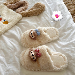 潮 女居家外穿保暖棉拖鞋 奶油小熊 可爱软萌ins卡通一字毛毛拖鞋