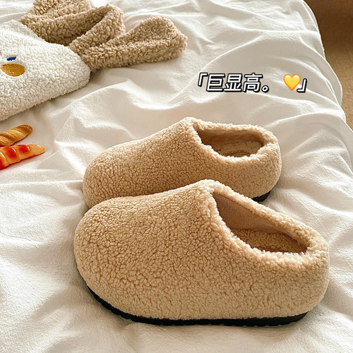 7cm巨保暖~！包头厚底增高勃肯毛毛拖鞋女冬季外穿保暖加绒棉拖鞋