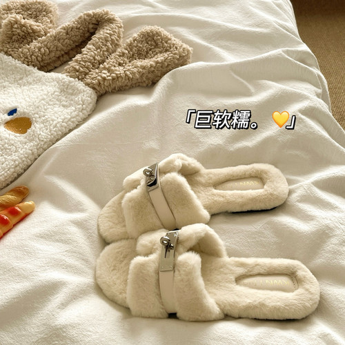 轻奢高级感~！时髦外穿ins懒人毛毛拖鞋女冬季保暖防滑加绒棉拖鞋 - 封面