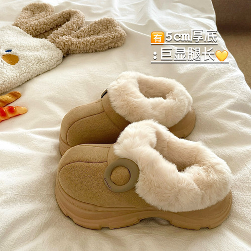 初雪小奶驼~！巨厚加绒外穿毛毛棉拖鞋女冬季厚底保暖防滑雪地靴
