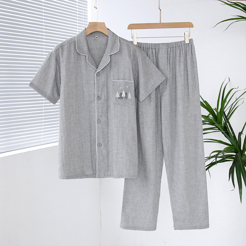 日系夏季男女情侣睡衣日系纯色纯棉双层纱短袖长裤家居服柔软透气