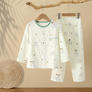 柔软透气全棉双层纱 可爱恐龙宝宝圆领开衫 春夏秋薄型睡衣长袖 长裤